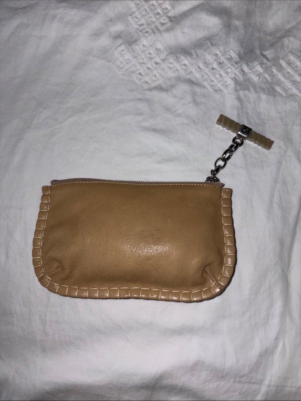 Tan Leather Wristlet Pouch with Chain Pull - Picture 2 of 7